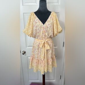 LoveColette Floral Midi Tiered Dress in Soft Yellow and Pink Like New